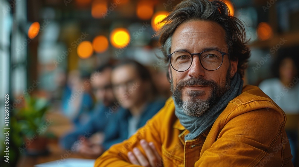 Handsome Mature Man with Gray Beard and Glasses Sitting in Cafe Handsome Mature Man with Gray Beard and Glasses Sitting in Cafe