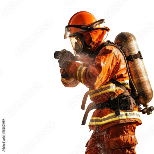 Firefighter in full gear with protective helmet and oxygen tank, ready to battle a blaze with courage and determination.
