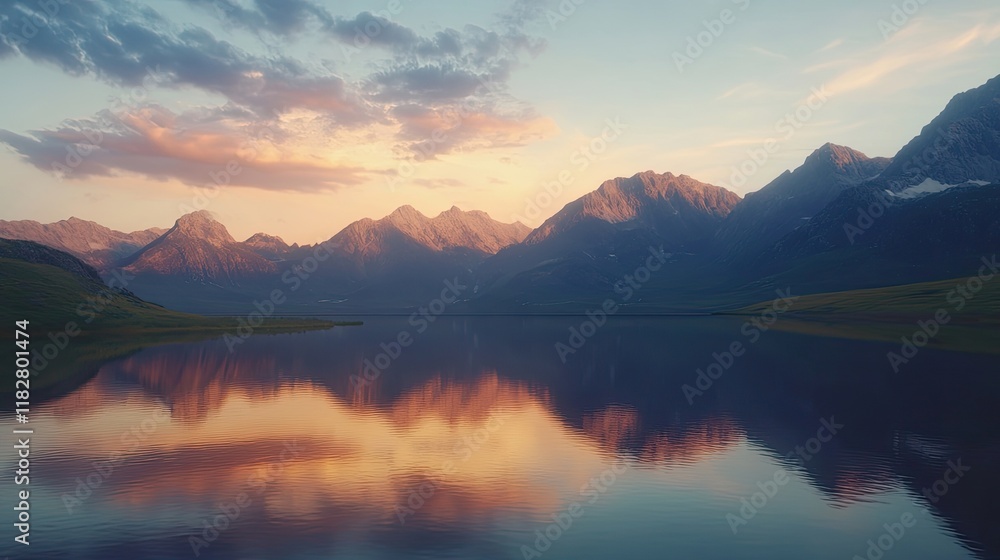 A serene mountain vista at sunset, with peaks bathed in golden light and a calm lake mirroring the colors of the sky. A serene mountain vista at sunset, with peaks bathed in golden light and a calm lake mirroring the colors of the sky.