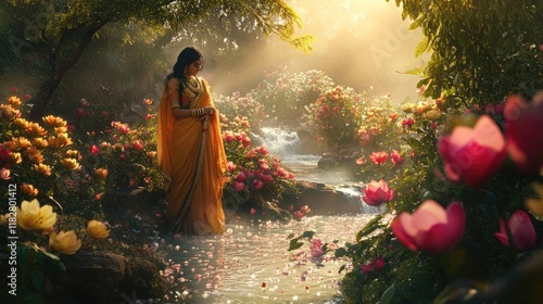 A serene portrayal of Radha Rani in a lush garden, surrounded by blooming flowers and gentle streams, with soft sunlight filtering through the leaves.