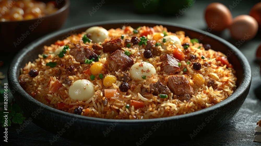 Delicious spicy rice with meat and vegetables served in a dark bowl at a cozy dining setting. Generative AI Delicious spicy rice with meat and vegetables served in a dark bowl at a cozy dining setting. Generative AI