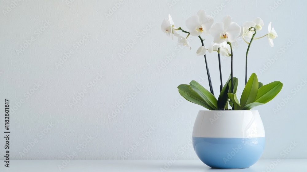 A minimalist display of orchids in a blue and white vase, placed on a plain white background. A minimalist display of orchids in a blue and white vase, placed on a plain white background.
