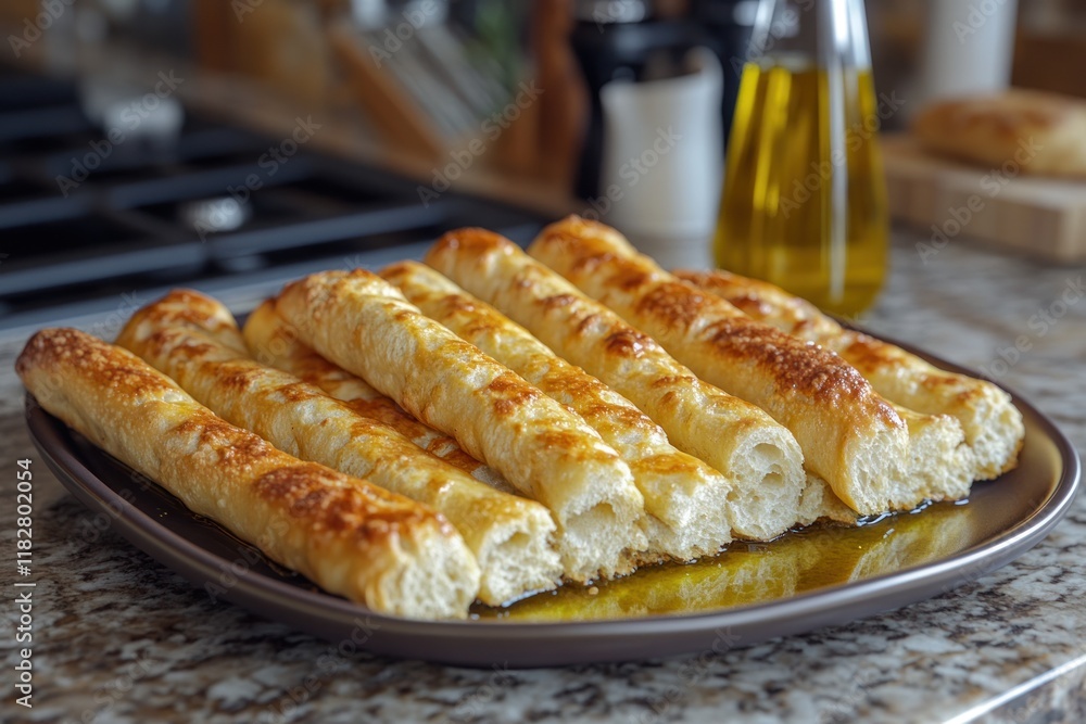 Fototapeta premium Freshly baked bread rolls on a plate with olive oil ready for serving in a kitchen. Generative AI