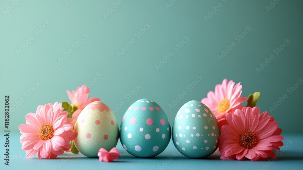 Fototapeta premium Colorful Easter eggs decorated with flowers on a pastel background