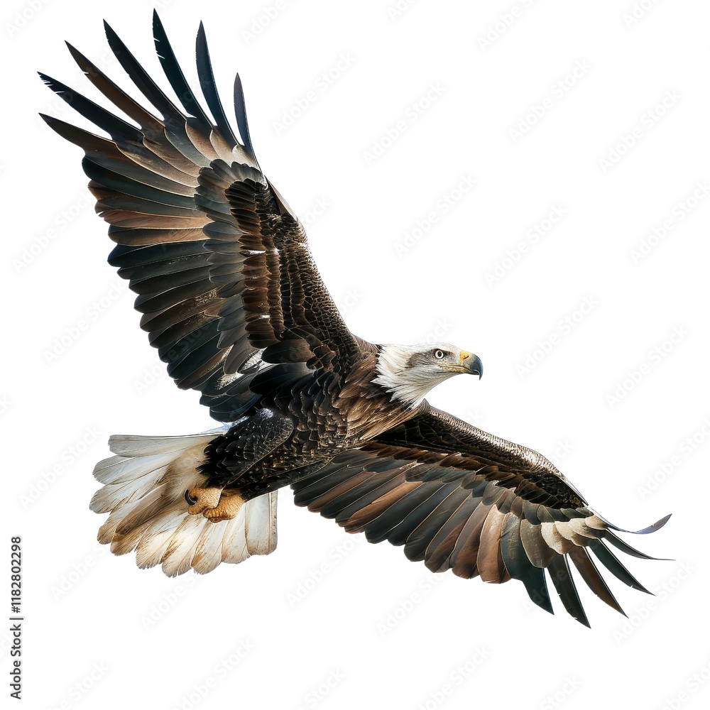 Naklejka premium Majestic bald eagle soaring in the sky with outstretched wings, showcasing its powerful feathers and graceful flight against a clear background.