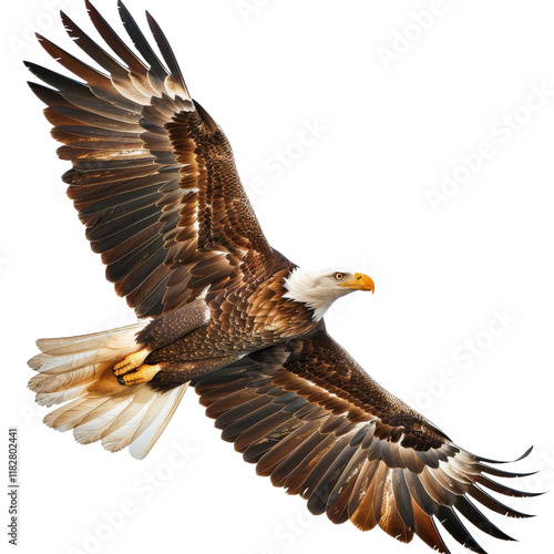 Majestic bald eagle soaring with wings fully spread, showcasing powerful feathers and sharp beak against the clear sky. photo