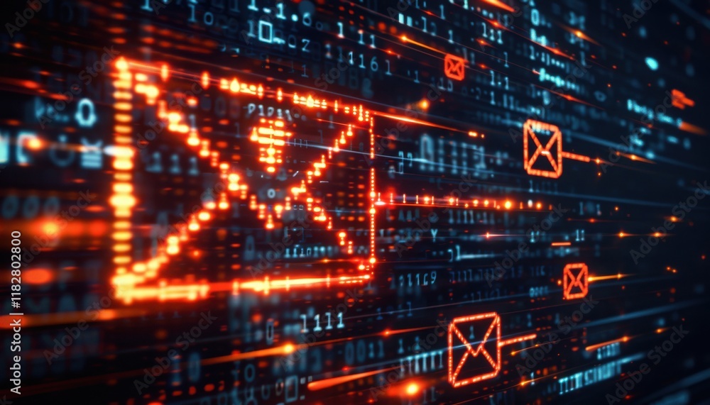 Cybersecurity alert A large red exclamation mark explodes among glowing email icons on a computer screen. Digital code streams past. Urgent warning in cyberspace. Cybersecurity alert A large red exclamation mark explodes among glowing email icons on a computer screen. Digital code streams past. Urgent warning in cyberspace.