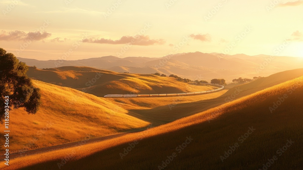 A scenic view of a bullet train traveling through rolling hills during sunset, with warm colors painting the sky and landscape. A scenic view of a bullet train traveling through rolling hills during sunset, with warm colors painting the sky and landscape.
