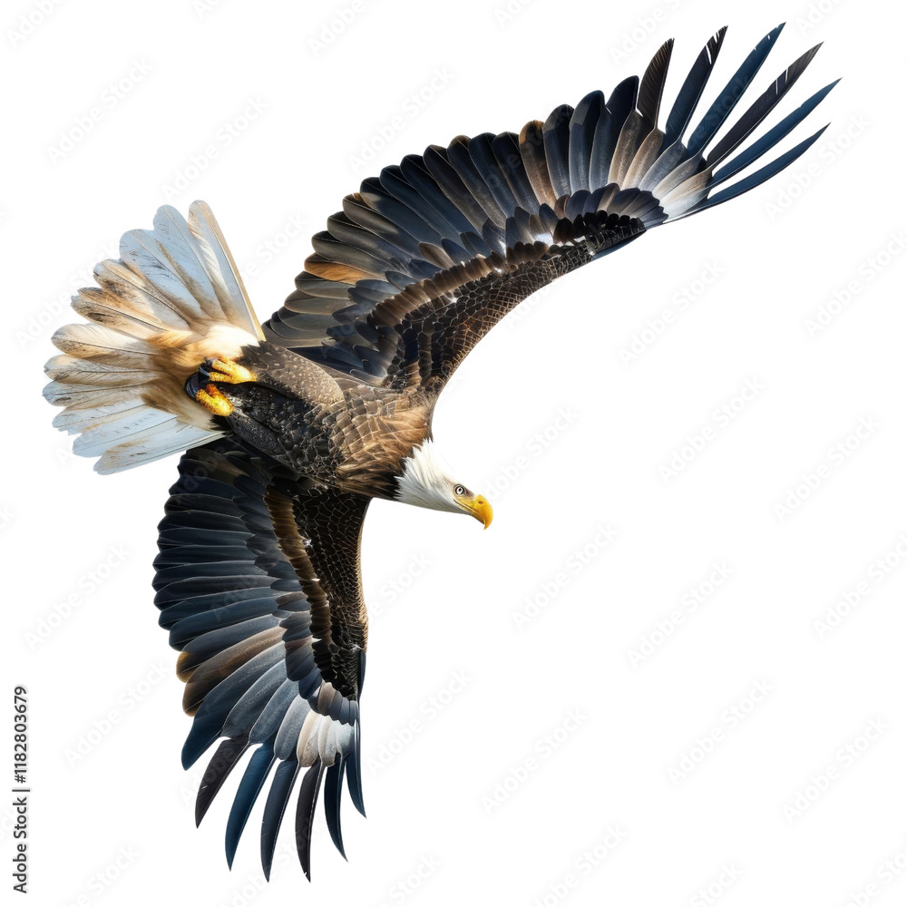 Obraz premium Stunning bald eagle in mid-flight with wings spread wide open, showcasing the beauty and majesty of this iconic bird of prey.