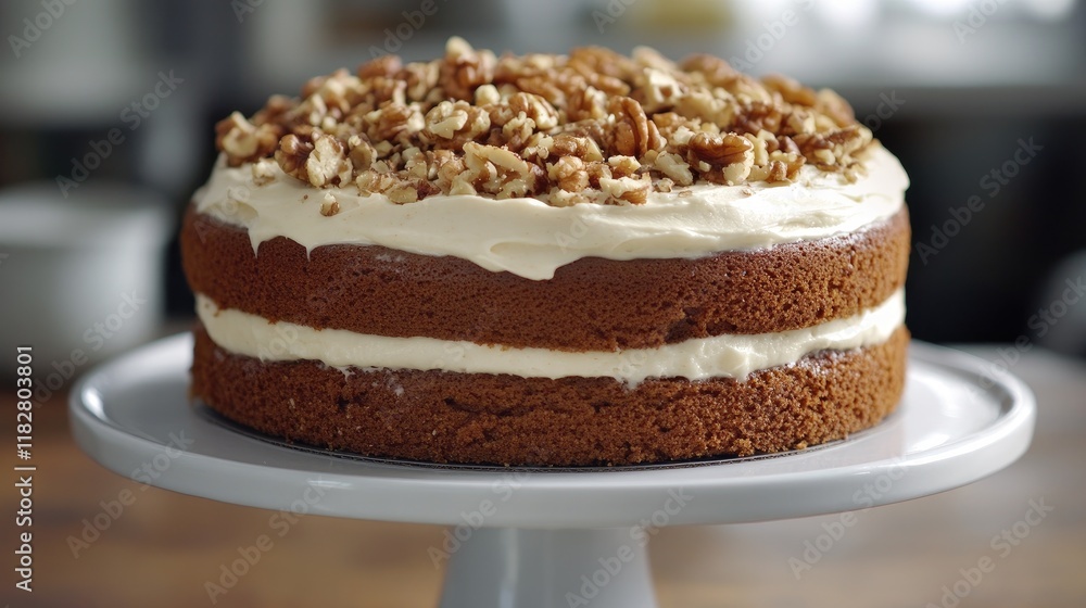 A rustic banana cake with cream cheese frosting and a sprinkle of walnuts. A rustic banana cake with cream cheese frosting and a sprinkle of walnuts.