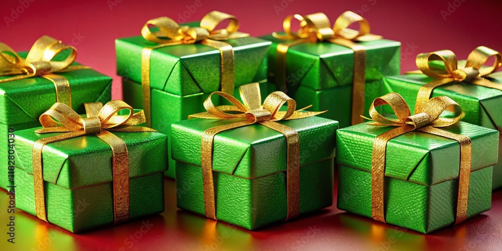 Fototapeta premium Elegant Green Gift Boxes with Gold Bows on Red Background - Festive Holiday Packaging