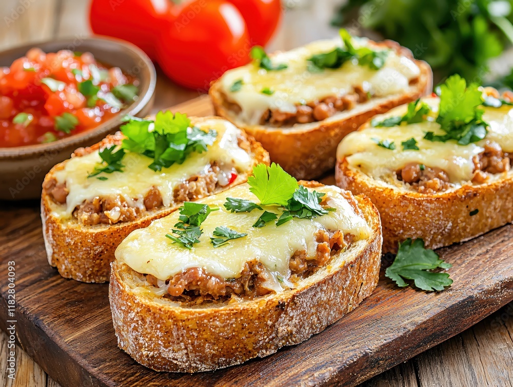 Delicious Melted Cheese Bread Toasts with Savory Bean Topping and Fresh Cilantro Delicious Melted Cheese Bread Toasts with Savory Bean Topping and Fresh Cilantro