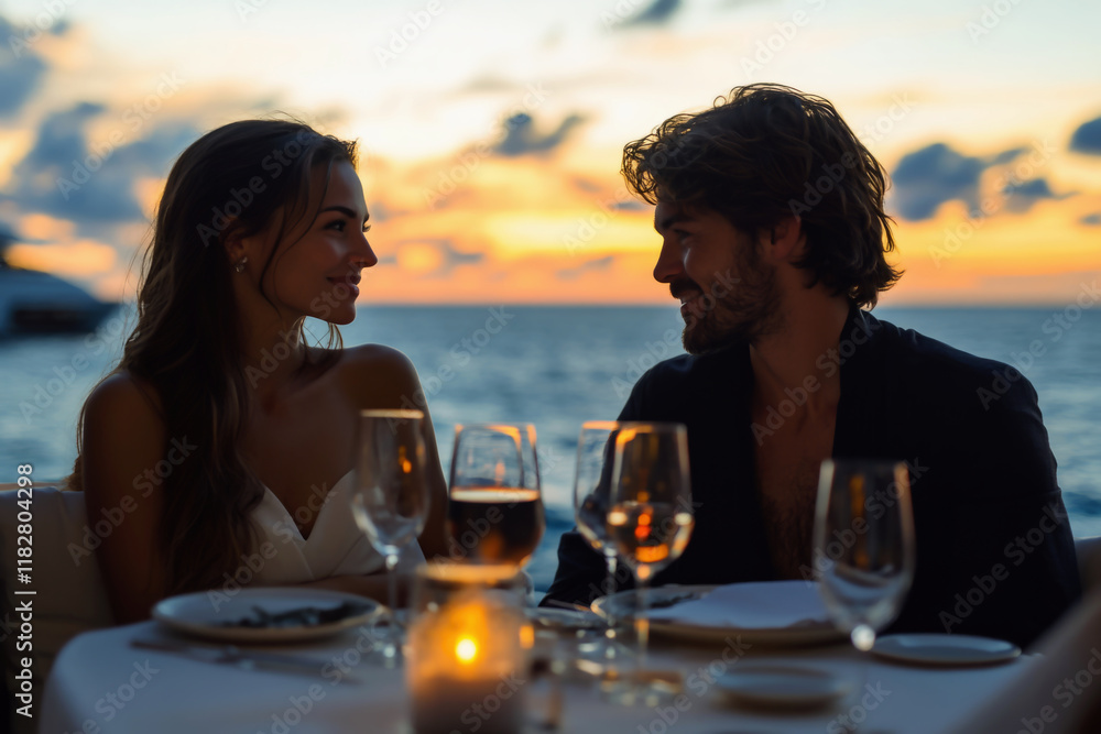 Romantic couple enjoying seaside dinner at sunset for Valentine's Day celebration, with candlelight and wine glasses. Romantic couple enjoying seaside dinner at sunset for Valentine's Day celebration, with candlelight and wine glasses.