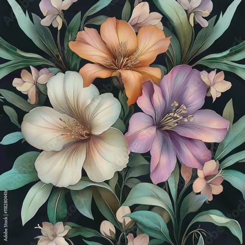 Wallpaper Mural Watercolor Floral Seamless Pattern with Peonies Tropical Flowers Leaves and Botanical Design Torontodigital.ca