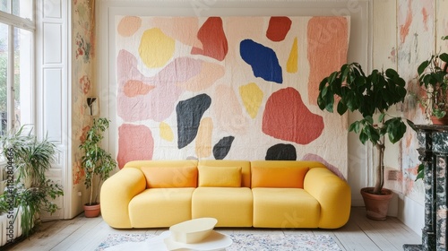 A small apartment living room with a bright yellow sofa and abstract wall art.