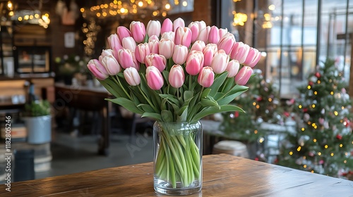 Elegant Pink and White Tulip Bouquet in Glass Vase photo