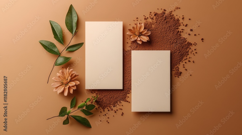 Fototapeta premium Elegant composition of blank cards with flowers and cocoa powder
