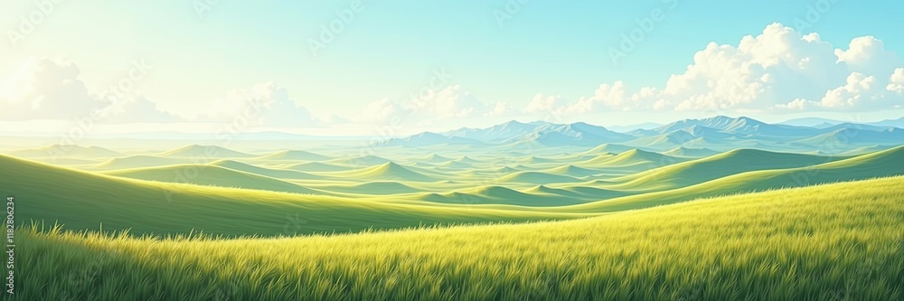 Fototapeta premium Rolling Hills and Distant Mountains under a Pale Blue Sky with Billowing White Clouds