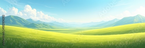 Serene rolling green hills under a bright blue sky with fluffy white clouds