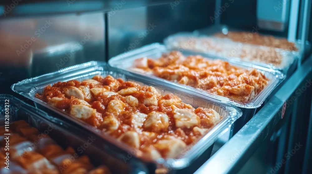 Packaged frozen meals lined up neatly in an industrial freezer. Packaged frozen meals lined up neatly in an industrial freezer.