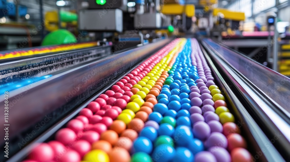 Rows of colorful candy being packed in a confectionery factory. Rows of colorful candy being packed in a confectionery factory.