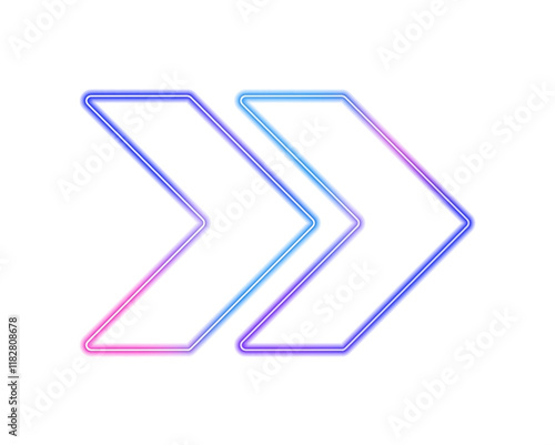 Neon arrows pointing right on transparent background with shining blue and pink effects. A modern design for speed, expressway, and computer game themes. Ideal for use in banners, covers, and flyers.