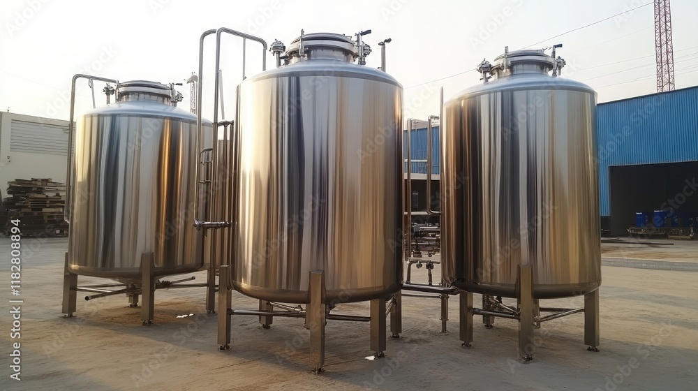 Stainless steel tanks at a large-scale juice manufacturing facility.
