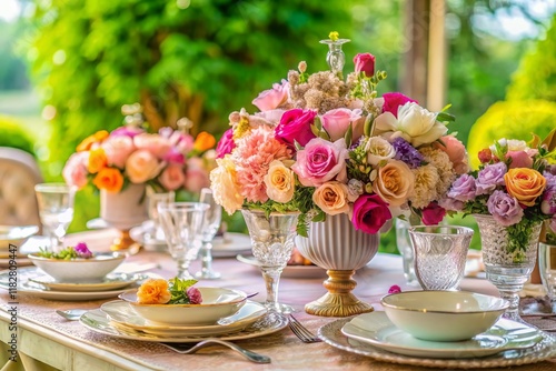 Wallpaper Mural Elegant Table Setting with Floral Decor and Fine Dishes - Stock Photo Torontodigital.ca