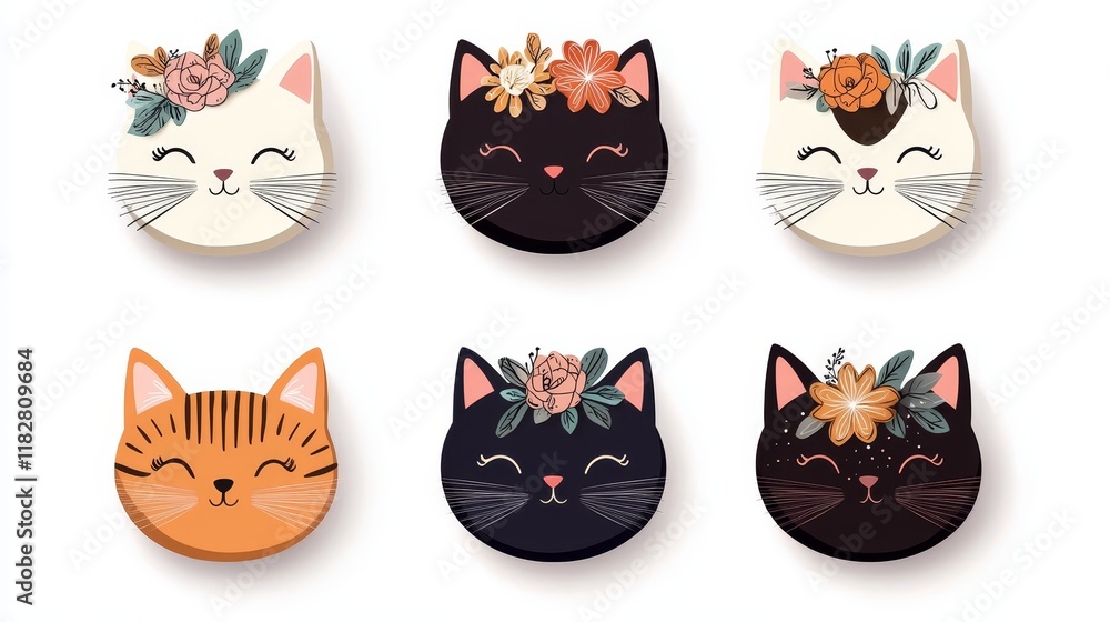 Fototapeta premium Set of cute cat faces, each uniquely styled with floral elements, seamless flat vector design, bright modern aesthetic, perfect for commercial use