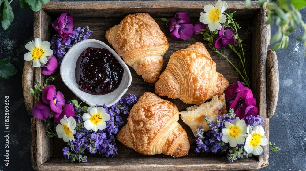 Top view of a rustic tray with croissants, jam, and fresh-cut flowers.