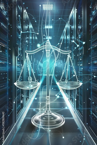 Data streams elegantly intertwine with law scales inside a sleek silverblue data center.  Justice and digital data merge in this modern world. A harmonious blend of technology and law. photo