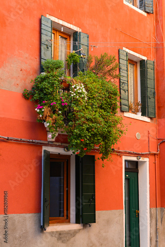 Flower pots decorate on the walls and green windows of the red house in Venice, Italy