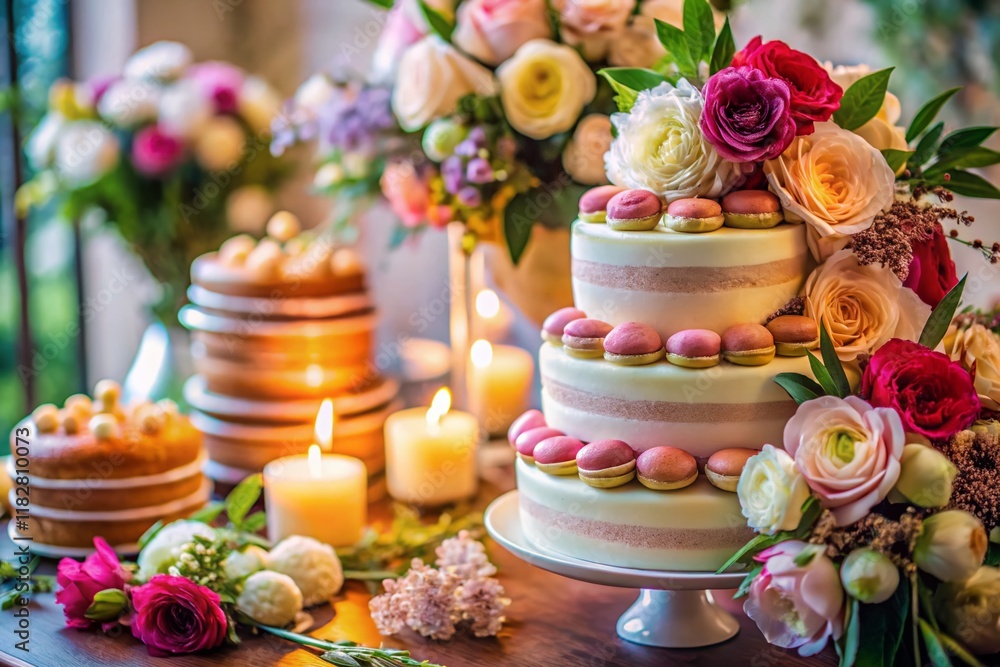Elegant Wedding Cake with Floral Decorations, Romantic Dessert Table Setting Elegant Wedding Cake with Floral Decorations, Romantic Dessert Table Setting