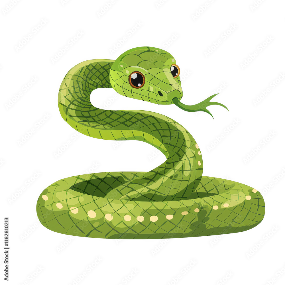 Fototapeta premium A green snake with a forked tongue, cartoon illustration.