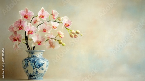 Vibrant orchids in a decorative blue and white vase, photographed on a neutral background.
