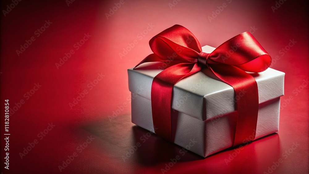 Elegant White Gift Box with Red Ribbon on Red Background - Stock Photo Elegant White Gift Box with Red Ribbon on Red Background - Stock Photo