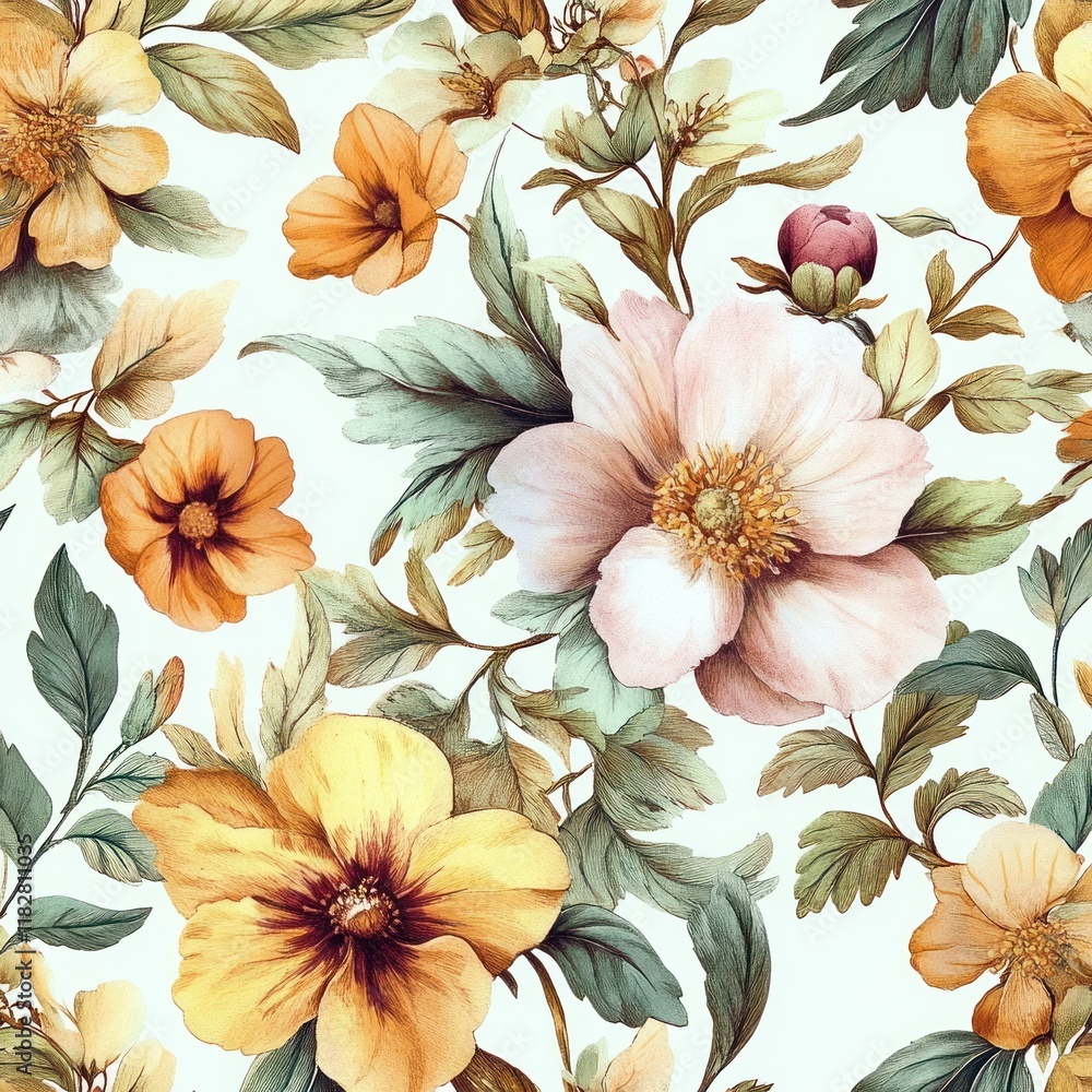 Floral Seamless Pattern with Peonies Tropical Flowers Leaves Watercolor Vintage Botanical Illustration Floral Seamless Pattern with Peonies Tropical Flowers Leaves Watercolor Vintage Botanical Illustration