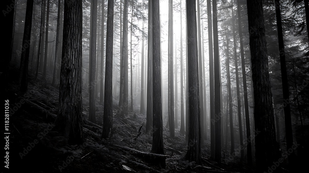 Fototapeta premium Misty Forest Path: A Monochromatic Journey Through the Woods