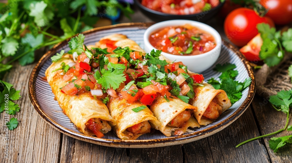 Delicious Mexican Chicken Taquitos with Fresh Salsa and Cilantro Garnish Delicious Mexican Chicken Taquitos with Fresh Salsa and Cilantro Garnish