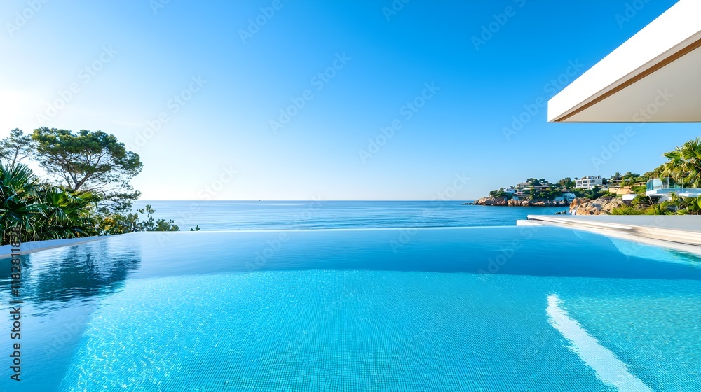 Fototapeta premium Elegant beachfront mansion, outdoor pool with ocean backdrop, ample text overlay space, luxurious and inviting, perfect for real estate ads