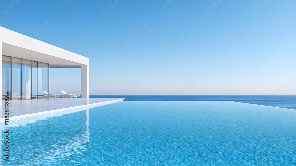 Fototapeta premium Elegant beachfront mansion, outdoor pool with ocean backdrop, ample text overlay space, luxurious and inviting, perfect for real estate ads