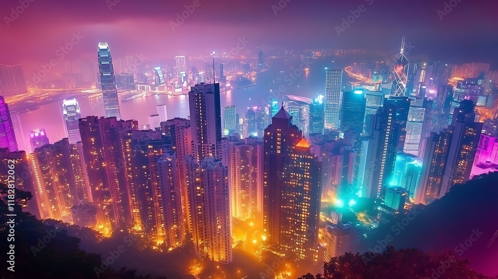 Fototapeta premium Neon Hong Kong Nightscape: A Dazzling Aerial View