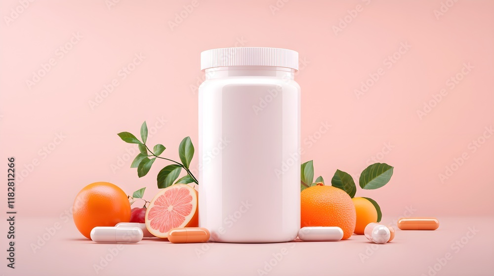 Elegant health supplement ad template, product surrounded by vitamins and fruits, simple and clean text overlay area, vibrant and inviting Elegant health supplement ad template, product surrounded by vitamins and fruits, simple and clean text overlay area, vibrant and inviting