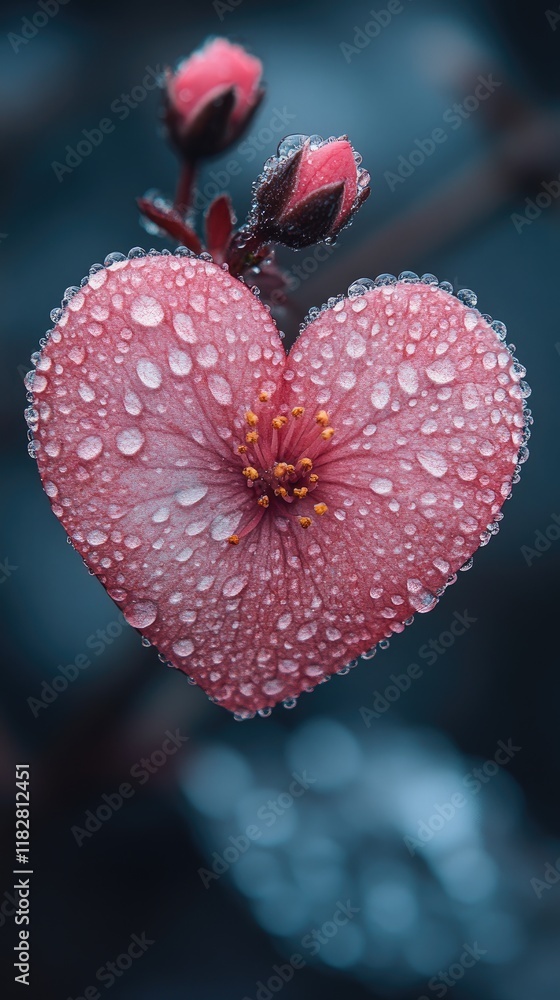 Pink Heart Shaped Flower with Water Drops, Closeup, Dark Background, Use Romantic. Pink Heart Shaped Flower with Water Drops, Closeup, Dark Background, Use Romantic.