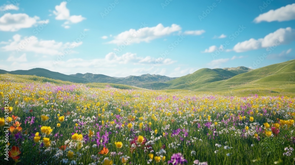 A breathtaking view of rolling hills covered in a carpet of wildflowers, with colors ranging from yellows to purples, stretching towards a clear blue sky dotted with fluffy clouds. A breathtaking view of rolling hills covered in a carpet of wildflowers, with colors ranging from yellows to purples, stretching towards a clear blue sky dotted with fluffy clouds.
