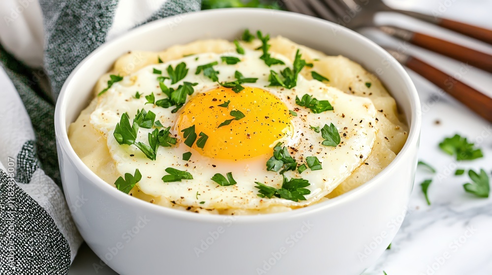 Creamy Mashed Potatoes Topped with a Sunny Side Up Egg and Parsley Creamy Mashed Potatoes Topped with a Sunny Side Up Egg and Parsley
