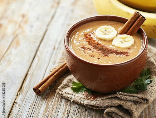 Delicious Banana Cinnamon Smoothie Bowl Healthy Breakfast Recipe photo