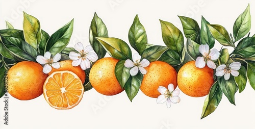 Watercolor Illustration of Oranges with Blossoms and Green Leaves in Natural Light