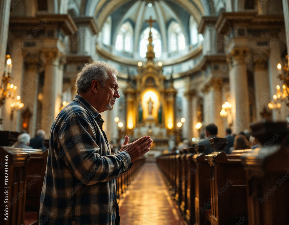 Naklejka premium A Old Man Praying in a Catholic Church