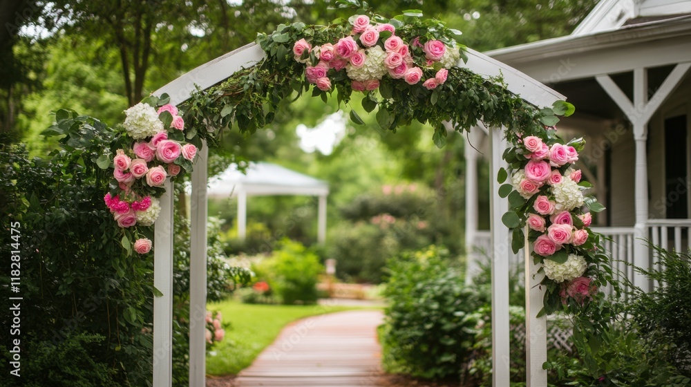 Fototapeta premium An elegant wedding arch adorned with cascading pink and white roses, placed in a lush green garden.
